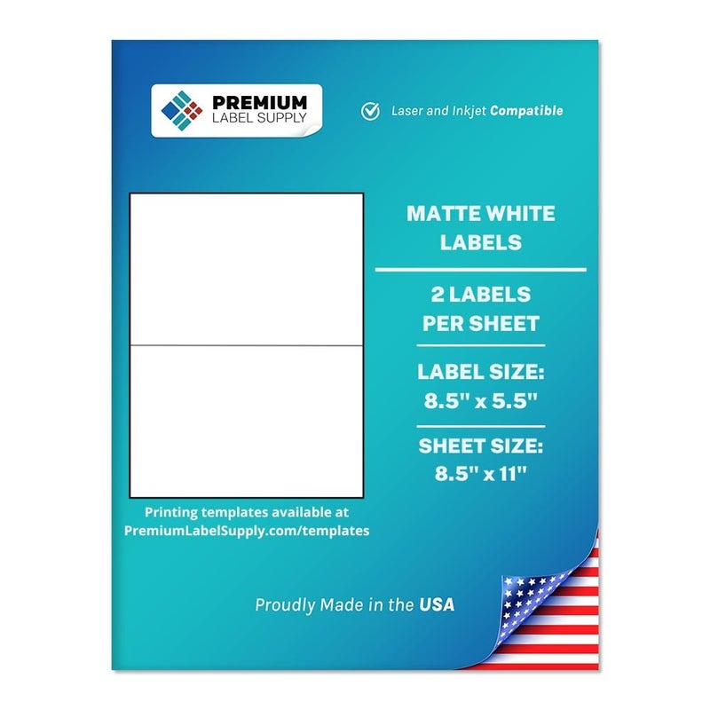 Premium Label Supply White Sticker Half Sheet Labels - 8.5"" x 5.5"" - Laser/Inkjet Compatible - (2 Labels/Sheet), 100 Sheets - 200 Total Adhesive Labels - Image 1